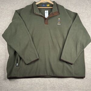 Men Polo by Ralph Lauren Olive Green Fleece Half-Zip with Brown Trim